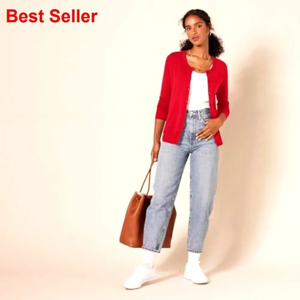 Lightweight Crewneck Cardigan Sweater, Plus Size, Cotton Blend, Button Front